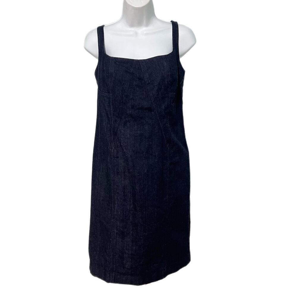 Talbots Dark Wash Denim Sheath Dress Size 8 Blue Square Neck Sleeveless Stretch